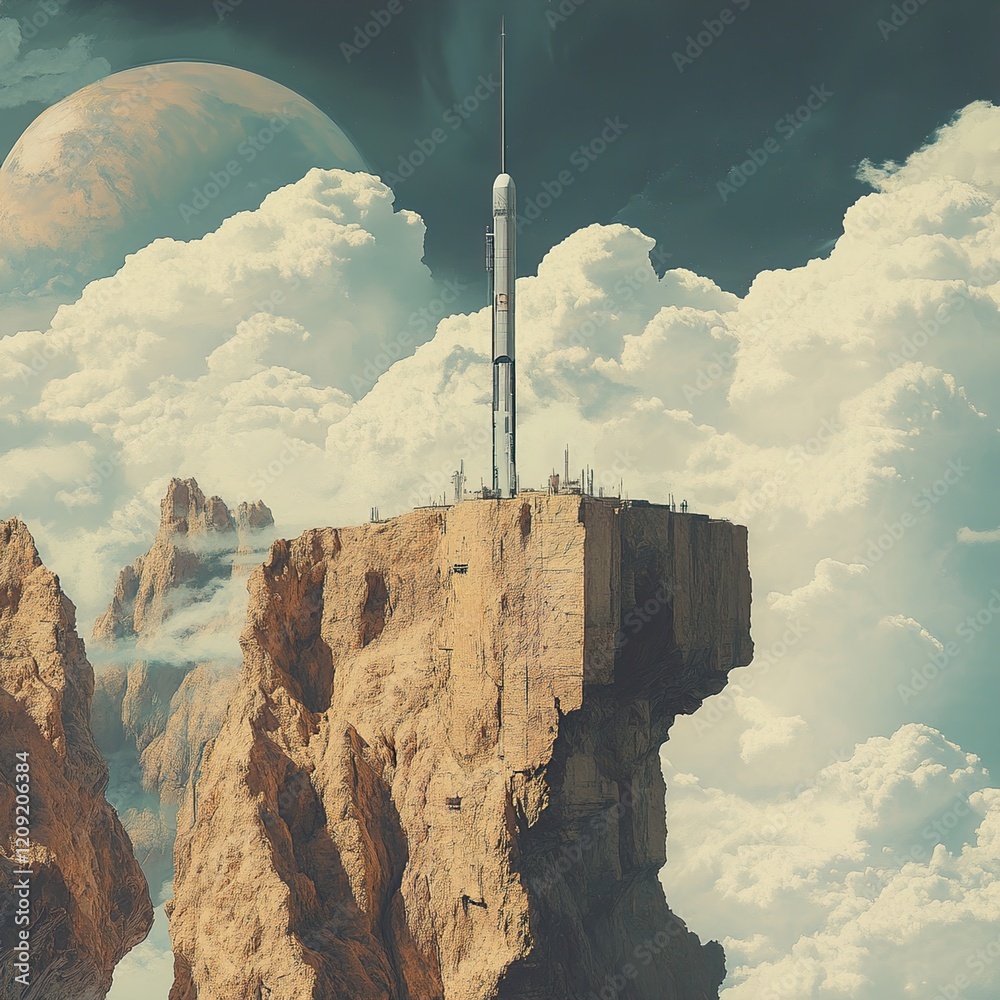 Fototapeta premium Space Rocket on a Clifftop: A Surreal Landscape