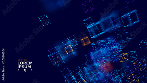 Big Data 3D Cubes Quantum Computer Business Server Concept Background. 3D Blockchain Cube Blocks Concept. Data Core Abstract Cubes. Artificial Intelligence HUD Design Element.