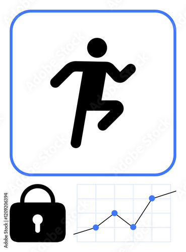 Silhouette of a person running above a closed padlock and upward trend line graph. Ideal for progress, security, fitness goals, growth, innovation, motivation, success. Abstract line flat metaphor