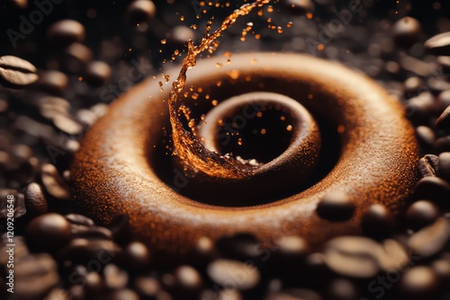 A stylized image of coffee splash forming a spiral around coffee beans, perfect for promotional visuals. photo