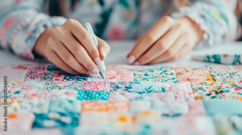 Close-up of Hands Quilting a Patchwork Fabric with a Tool Close-up of Hands Quilting a Patchwork Fabric with a Tool