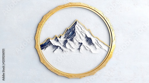 An elegant circular logo featuring an intricate mountain silhouette, designed to inspire adventure and connection with nature. The logos harmonious layout is complemented by a neutral background, photo