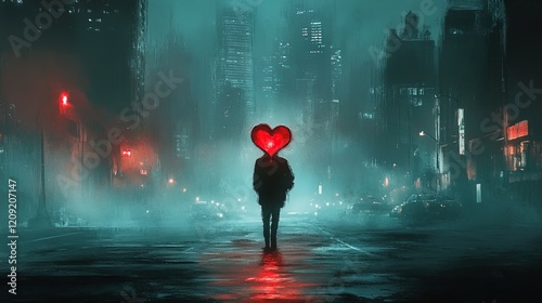 A person holding a broken heart in their hands, walking through a cityscape with shadows of sadness surrounding them