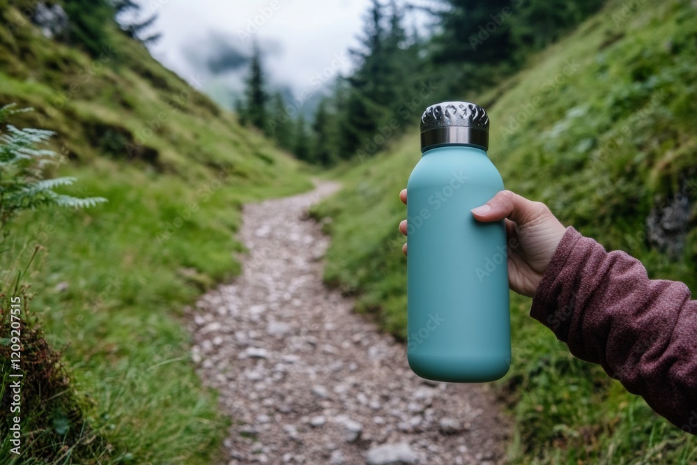 On a hiking trail blanketed by vibrant green grass and surrounded by mountains, a person firmly grips a reusable water bottle, ready for the adventure ahead On a hiking trail blanketed by vibrant green grass and surrounded by mountains, a person firmly grips a reusable water bottle, ready for the adventure ahead