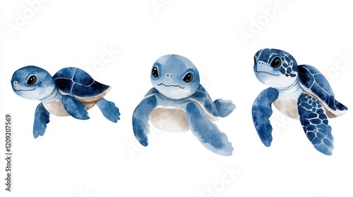 Three cute, watercolor turtles swimming together in a playful ocean scene.