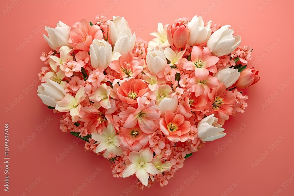 Coral and white flowers arranged in a heart shape Coral and white flowers arranged in a heart shape