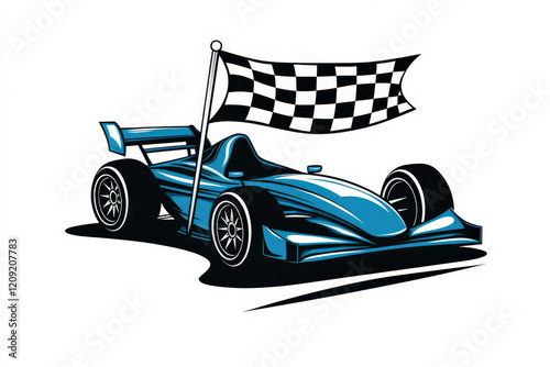 Blue Race Car with Checkered Flag in Vibrant Style Perfect for Illustrations Related to Motorsport, Racing Events and Automobiles