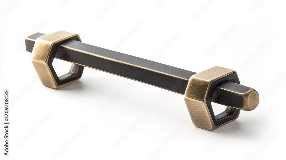 Hexagonal furniture handles in brushed brass and black metal, combining geometric precision and modern elegance for a striking design element. Isolated on white background. 3d render. Hexagonal furniture handles in brushed brass and black metal, combining geometric precision and modern elegance for a striking design element. Isolated on white background. 3d render.