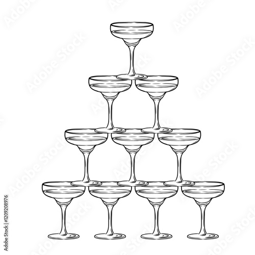 Trendy Wide Wine glasses with champagne stacked in pyramid tower. Hand drawn Vector sketch for party, wedding invitation, for party. wedding, birthday invitation card, magazine and print.