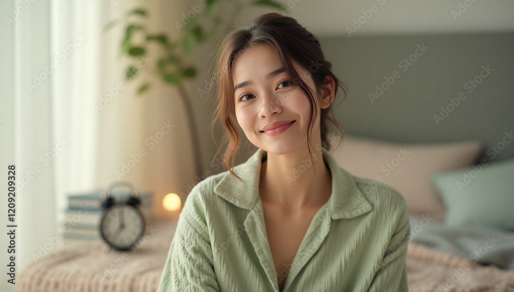 Mid Shot of Cheerful Young Brunette Woman Waking Up Early in Morning in Her Bright Bedroom Mid Shot of Cheerful Young Brunette Woman Waking Up Early in Morning in Her Bright Bedroom