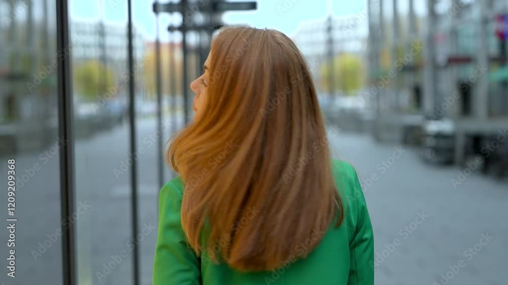  Woman with golden hair stands in street, rear view, slowly turns toward camera, creating sense  intrigue, soft grace. Background cityscape with blurred details.  Femininity, natural beauty