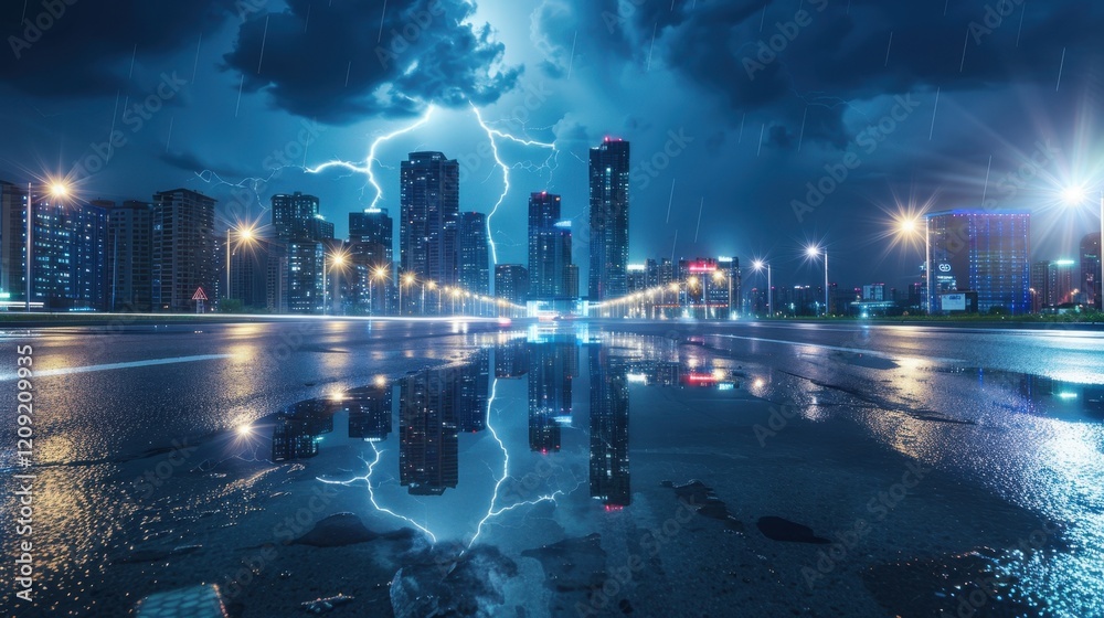 Obraz premium Thunderstorm displays an abstract beauty. Lightning and rain dominate the dark, stormy sky.
