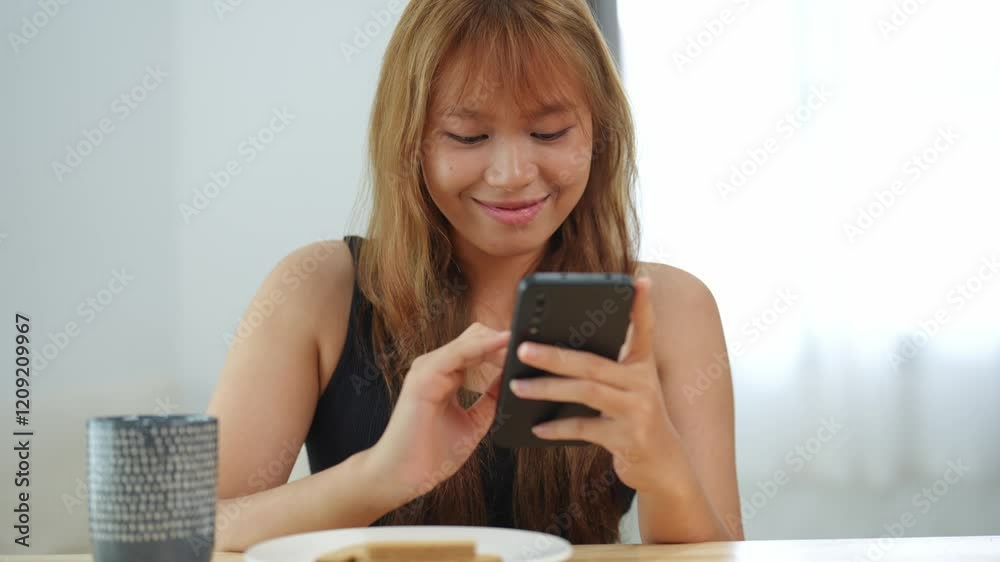 Young woman enjoying snack at home while using smartphone, with cookies on plate and relaxed atmosphere in bright room interior Young woman enjoying snack at home while using smartphone, with cookies on plate and relaxed atmosphere in bright room interior