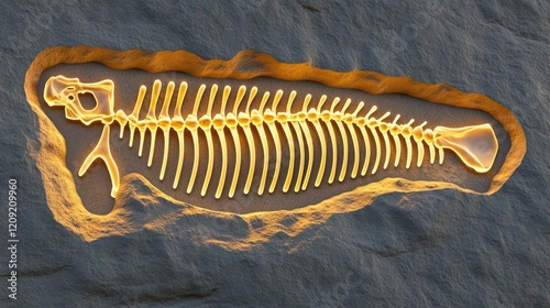 Fossilized fish skeleton, ancient seabed, glowing bones, paleontology research photo