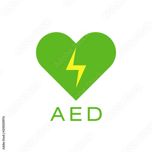 Medical AED public advertising sticker. Defibrillator inside wallpaper banner with green heart logo and yellow lightning creative icon. Automated external defibrillator graphic sign. Clip art template