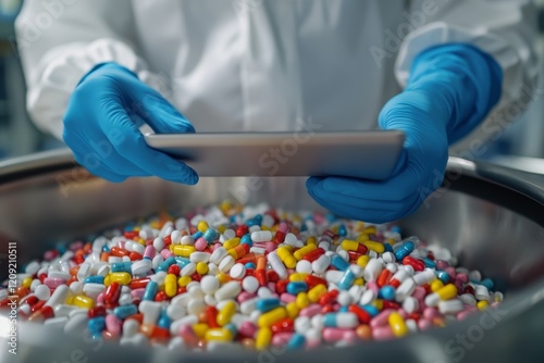 Hands examine a digital tablet while standing over a large bowl filled with colorful capsules in a laboratory setting photo