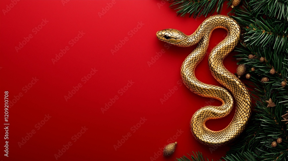 Golden snake with tree branches on red background,copy space,Chinese New Year and Chinese zodiac. Golden snake with tree branches on red background,copy space,Chinese New Year and Chinese zodiac.