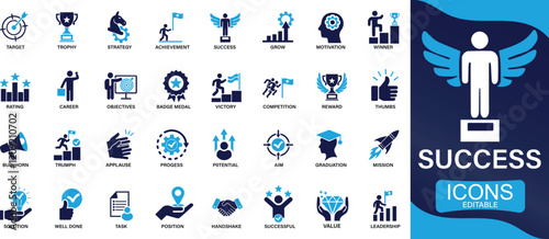  Success icon set Successful business development, Achievement, handshake, victory You can easily change the color.