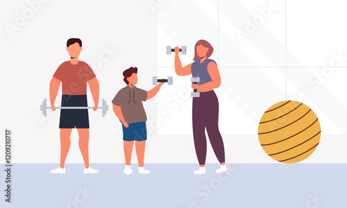 Family spending time doing morning exercise together at home illustration