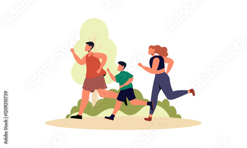 Family spending time doing morning exercise together at home illustration