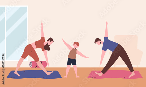 Family spending time doing morning exercise together at home illustration