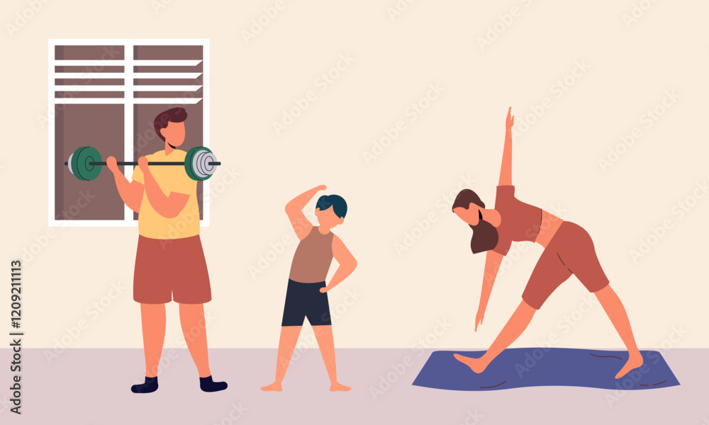 Naklejka premium Family spending time doing morning exercise together at home illustration
