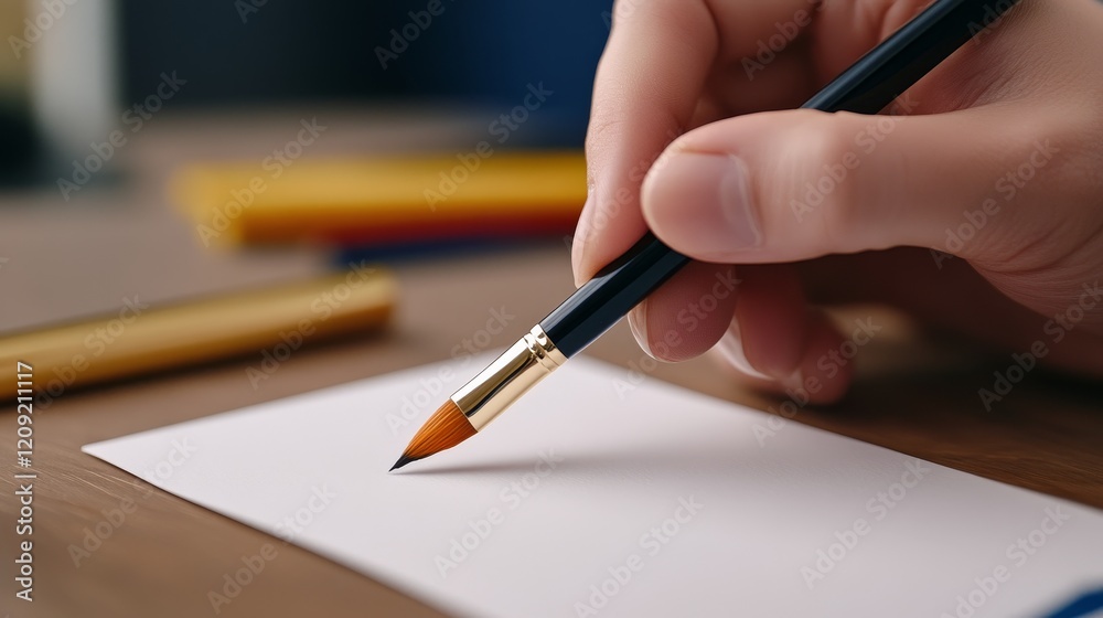 A hand holding a paintbrush above a blank sheet of paper, ready to create art. A hand holding a paintbrush above a blank sheet of paper, ready to create art.