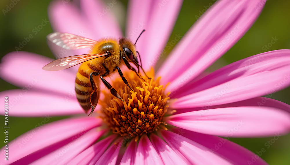 Honeybee Gathering Pollen on a Vibrant Pink Daisy Flower Honeybee Gathering Pollen on a Vibrant Pink Daisy Flower