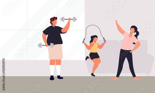 Family spending time doing morning exercise together at home illustration