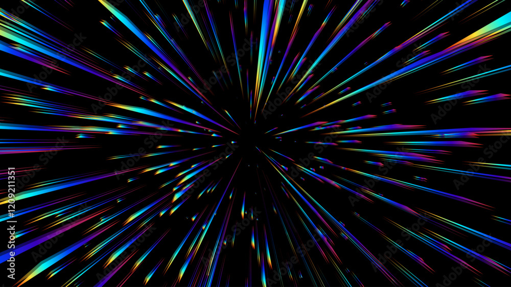 Abstract Rainbow Halo Rays on Black Background. Starburst or Sunburst with Rainbow Colors. Anime Burst Light Rays. Holographic Lens Flare Reflections Design Element. Vector Illustration.