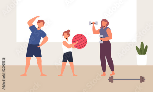 Family spending time doing morning exercise together at home illustration