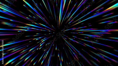 Abstract Rainbow Halo Rays on Black Background. Starburst or Sunburst with Rainbow Colors. Anime Burst Light Rays. Holographic Lens Flare Reflections Design Element. Vector Illustration.