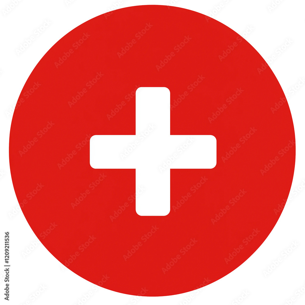 Fototapeta premium Red circle with white plus symbol,simple flat design,minimalist,PNG,transparent background.