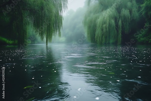 Misty river scene with weeping willows.