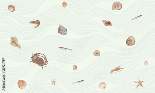 Seamless pattern with seashells, starfish and crab. Vector illustration.