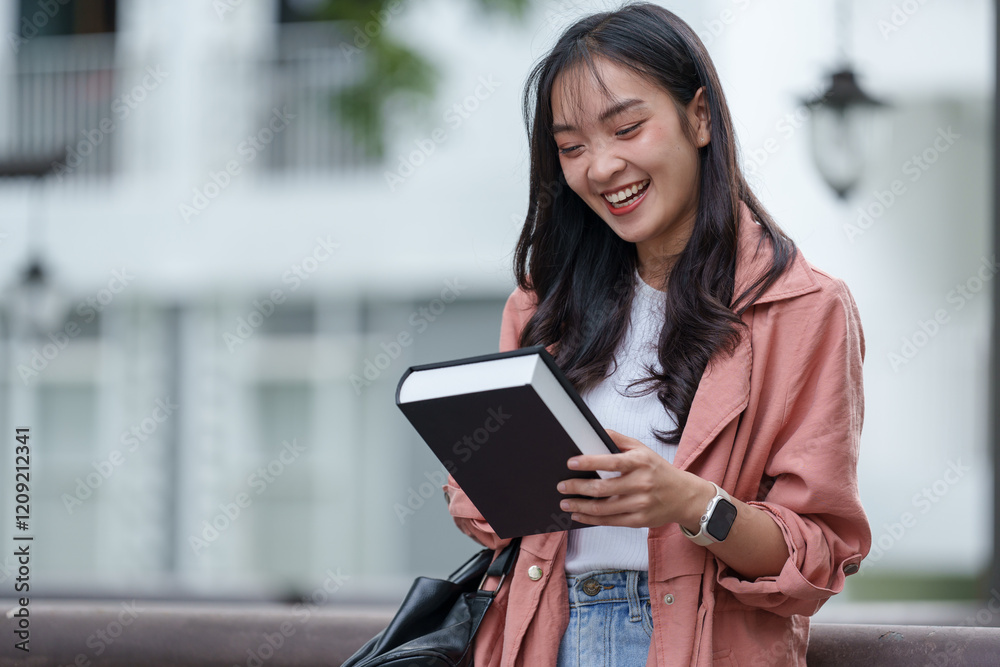 Smiling young asian woman enjoying her studies while reading a book outdoors, embracing a casual and relaxed atmosphere on a university campus during spring Smiling young asian woman enjoying her studies while reading a book outdoors, embracing a casual and relaxed atmosphere on a university campus during spring