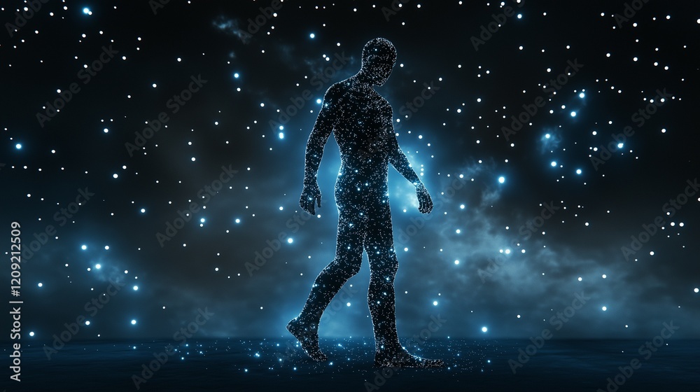 Starry silhouette walking in glowing night sky. Starry silhouette walking in glowing night sky.