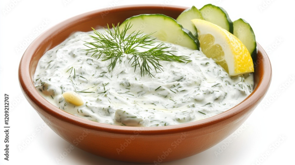 A bowl of tangy tzatziki sauce made with Greek yogurt, cucumber, garlic A bowl of tangy tzatziki sauce made with Greek yogurt, cucumber, garlic