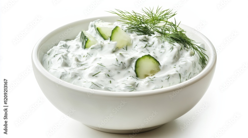 A bowl of tangy tzatziki sauce with cucumber, Greek yogurt, garlic A bowl of tangy tzatziki sauce with cucumber, Greek yogurt, garlic