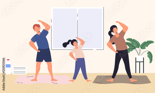 Family spending time doing morning exercise together at home illustration