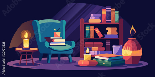 Cozy reading nook with armchair bookshelf and candlelight ambiance for relaxed reading