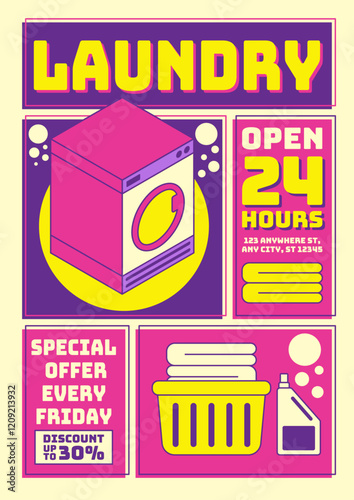 Bold and vibrant laundry service poster design featuring retro typography, washing machine illustration, special offers, and neon-inspired colors for cleaning promotion.