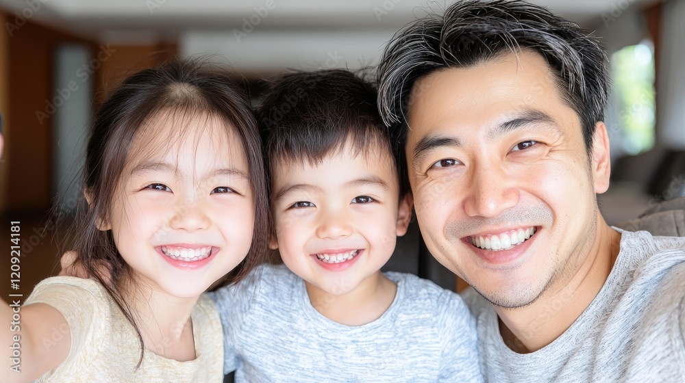 Happy Asian family selfie, home interior, smiling kids Happy Asian family selfie, home interior, smiling kids