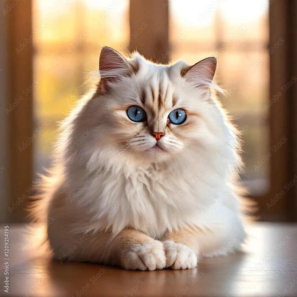 A soft, long-haired white cat not in front of a bright and warm background A soft, long-haired white cat not in front of a bright and warm background