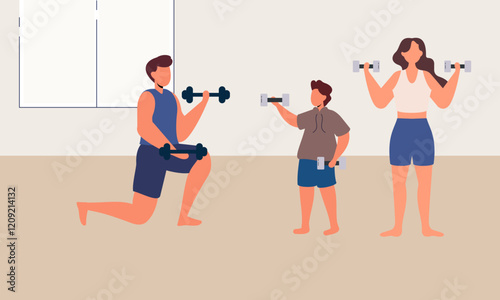 Family spending time doing morning exercise together at home illustration