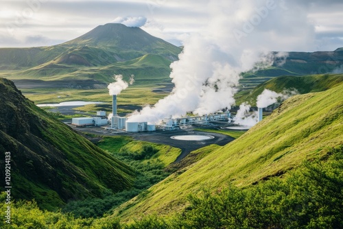 Geothermal power plants are prominently located among vibrant greenery and gentle hills with steam billowing from chimneys. A beautiful mountainous backdrop completes this natural landscape