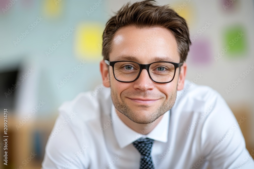 Professional man with glasses smiling at the camera in a bright office setting during the day Professional man with glasses smiling at the camera in a bright office setting during the day
