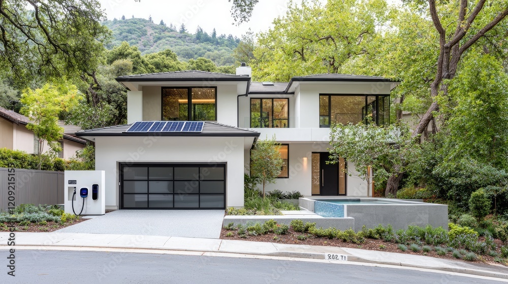 custom made wallpaper toronto digitalModern hillside home with pool, EV charger, and solar panels