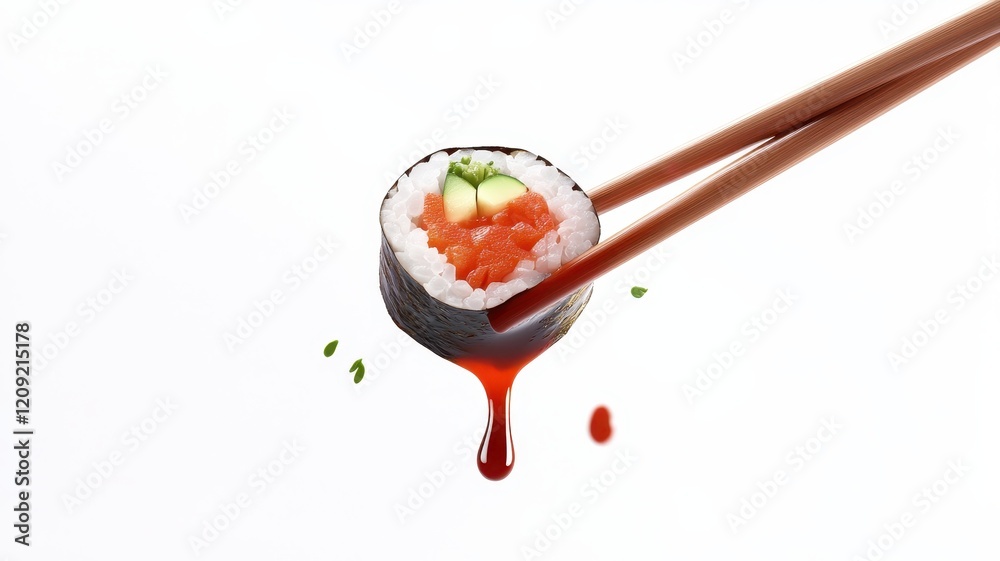 Delicious sushi roll with fresh ingredients, topped with dripping soy sauce, ready to tantalize your taste buds.