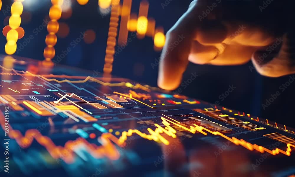 Analyst analyzing financial data on tablet, city lights background. Stock photo for finance reports
